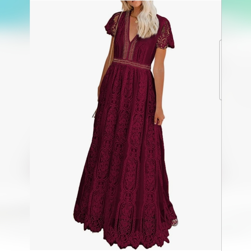Amazon Women's V Neck Floral Lace Short Sleeve dress in red. Size M.